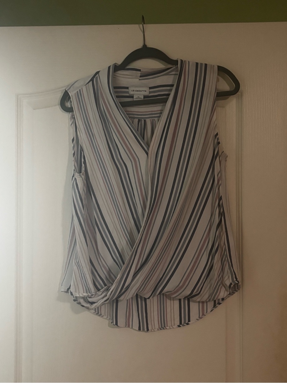 Liz Claiborne Sleeveless Striped Surplice Tank in White, Navy and Pink